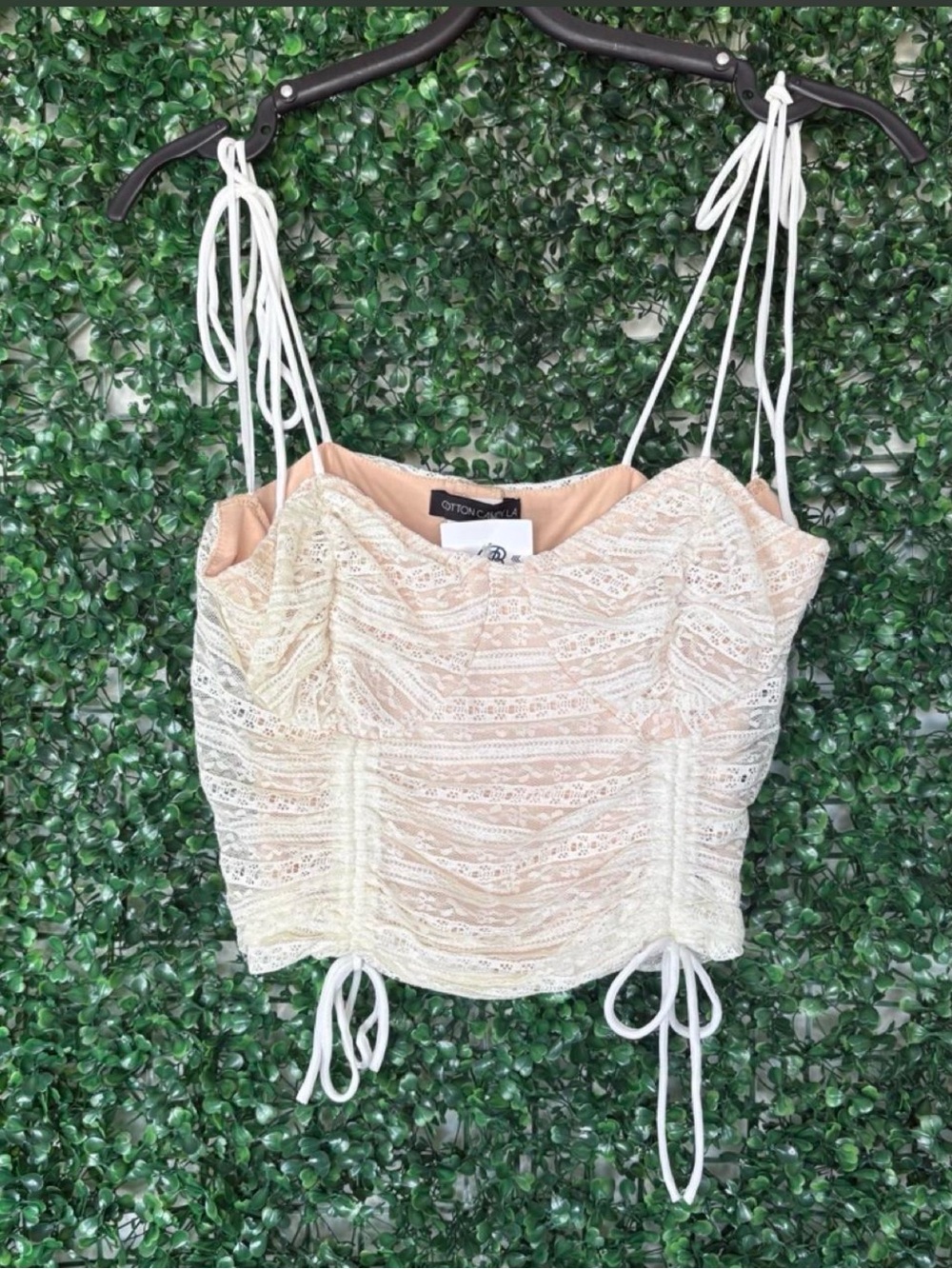 Cotton Candy Beige Lace Ruched Tie-Shoulder Crop Top
